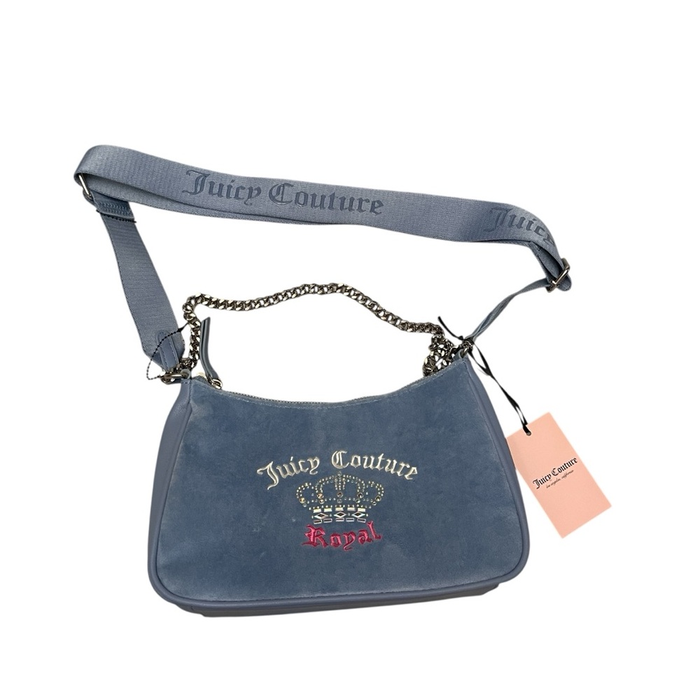 Juicy Couture Light Blue Velour Crown Embellished Zip Shoulder Bag Purse New